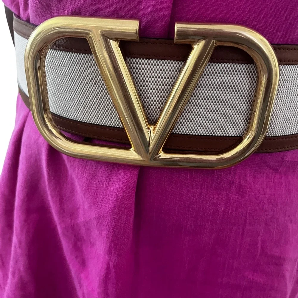 Valentino Garavani VLogo Signature Wide Canvas Leather Belt Gold Buckle Beige